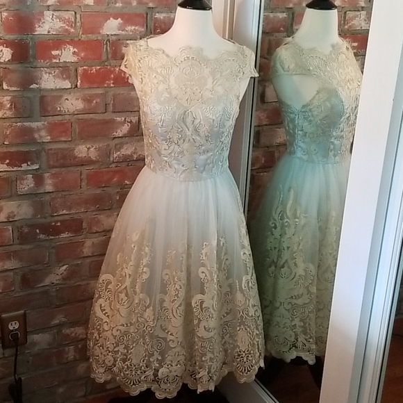 Chi Chi London | Dresses | Chi Chi Of London Metallic Lace Midi Prom Dress  | Poshmark
